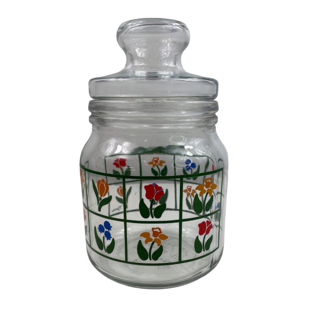 1983 Anchor Hocking Nina Glass Canister w/Colorful Tulips & Glass Lid - Picture 2 of 10